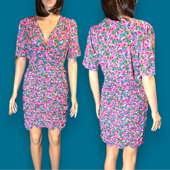 NWT Vernacular Cross Front Ruched Dress in Multicolored Floral Print. Size Small - Picture 3 of 14